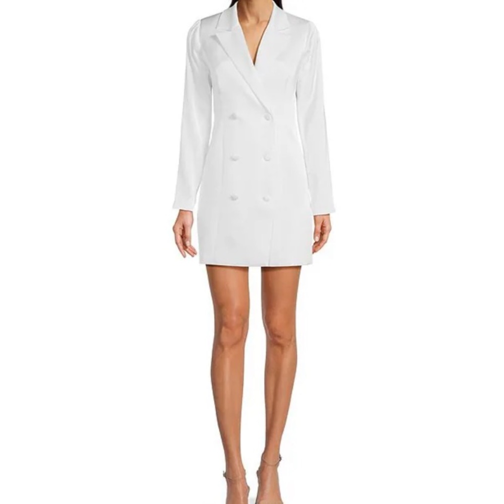 Long Sleeve Surplice Notch Collar Woven Satin Double Breasted Tuxedo Mini Dress